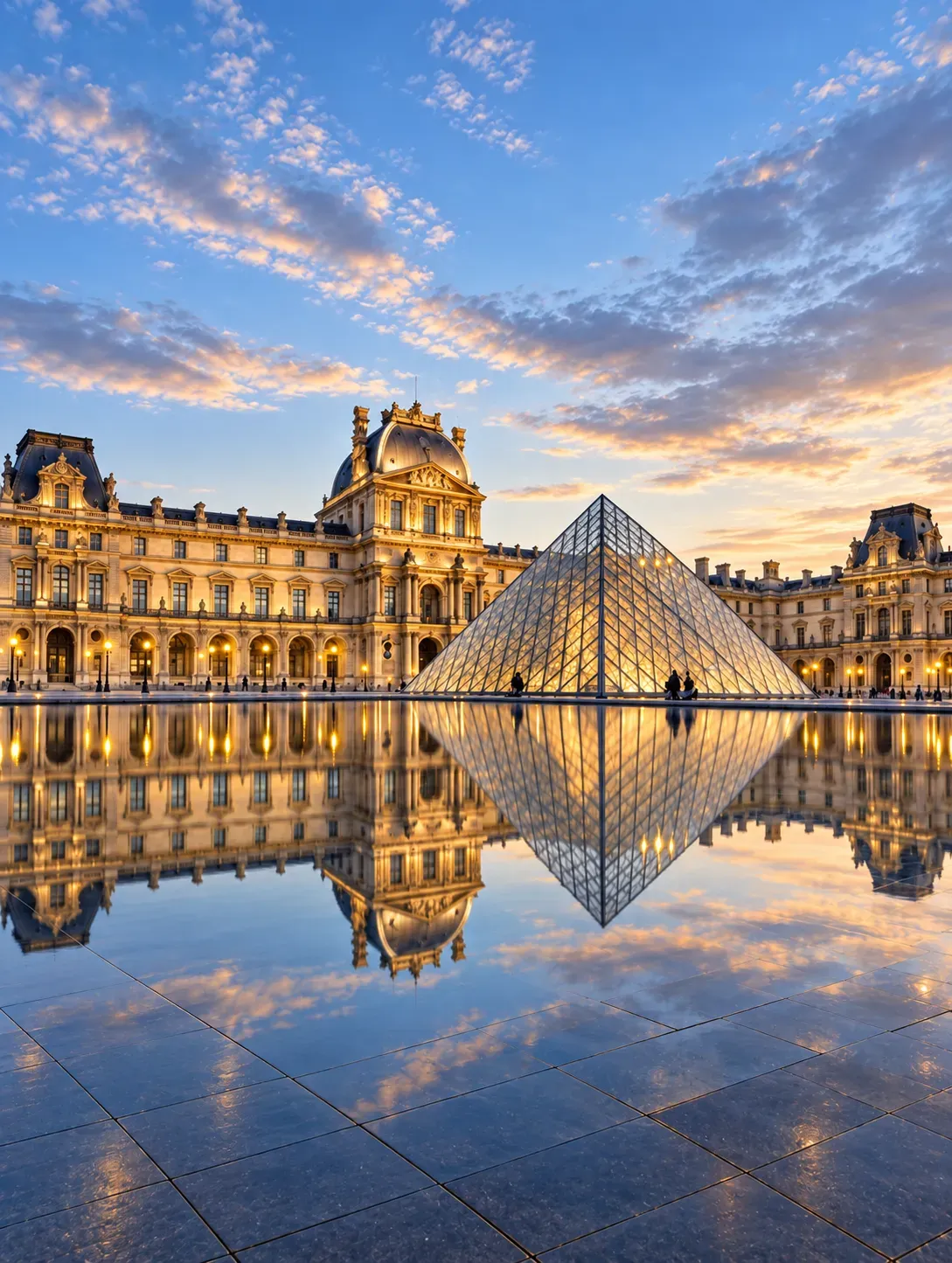 The Louvre pyramid reflected at dusk