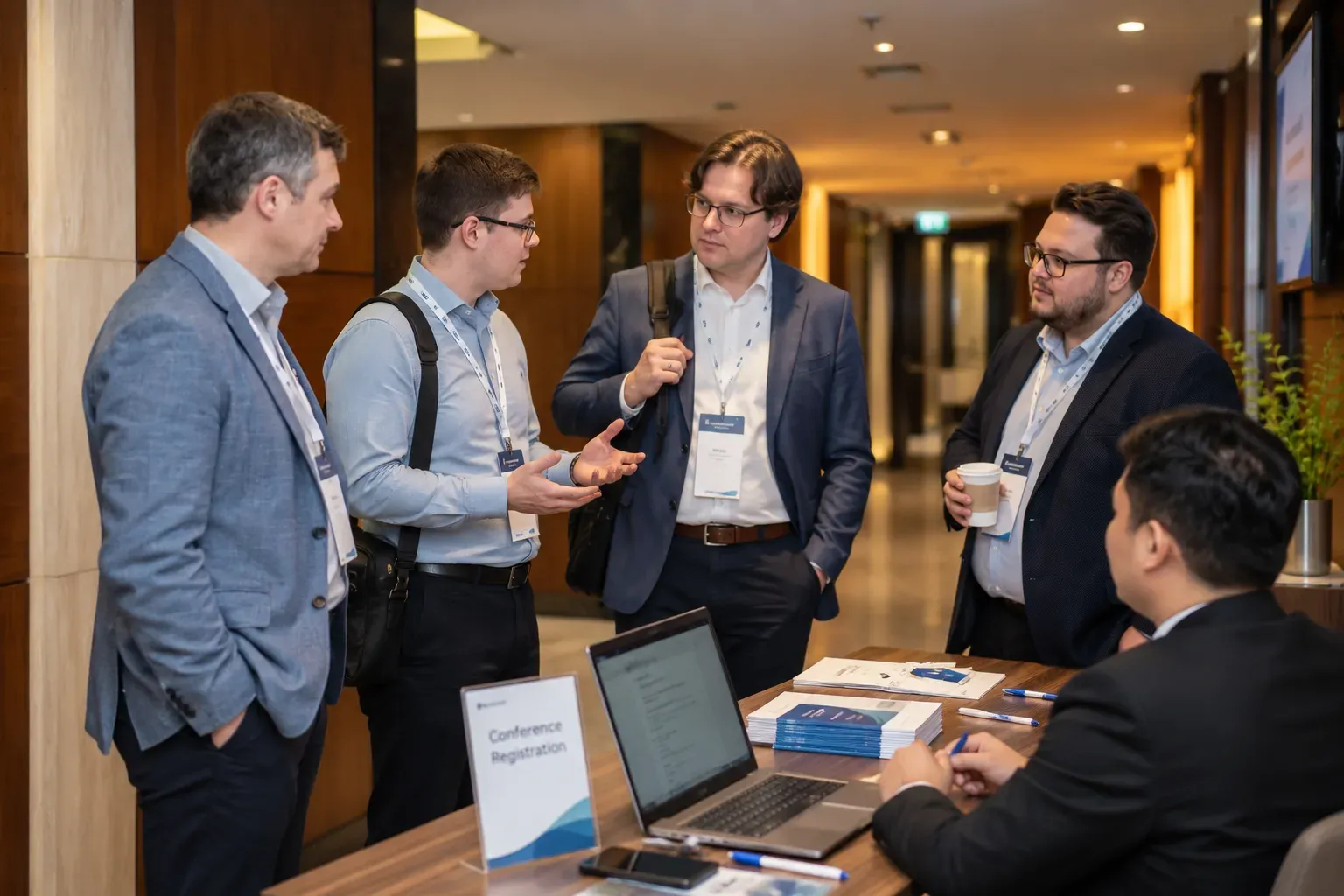 Participants talking beside the conference registration desk
