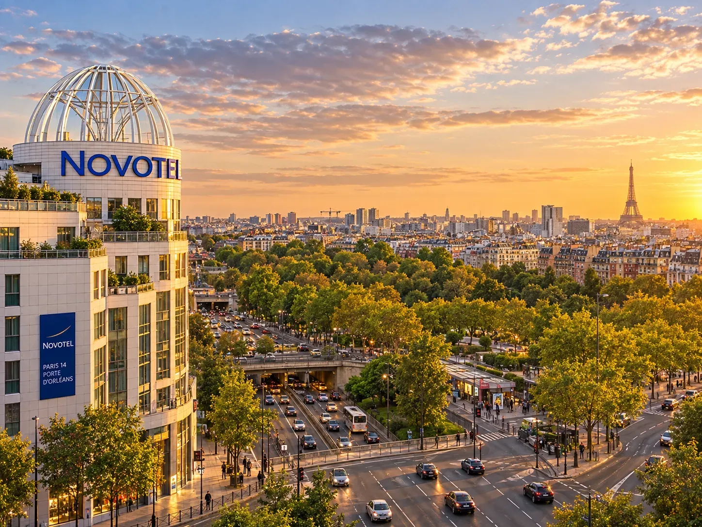 Exterior of the Novotel Paris 14 Porte d'Orléans, looking north over Paris